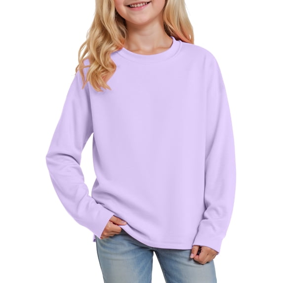 larppty Girls Solid Color Long Sleeve Shirts Crewneck T-Shirts for Girls Size 1-15 Years (Light Purple, 5-6 Years)
