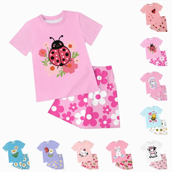 larppty Girls Summer Pjs Girls Pajamas Set Short Sleeve Sleepwear Summer Lounge Set Soft Pjs for Kids(Watermelon Red,6-7 Years)