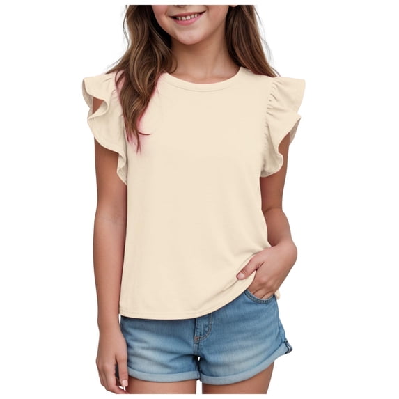 larppty Girls T Shirts Double Layer Ruffle Short Sleeve Kids Summer Crewneck Tunic Tee Tops 2-11 Years(Beige, 10-11 Years)