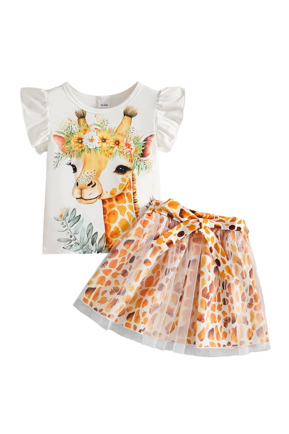 Girls Tulle Skirt Set Two Piece Ruffle Sleeve Unicorn T-Shirt Tutu Dress Summer Birthday Party Outfit (Yellow,3-4 Years)