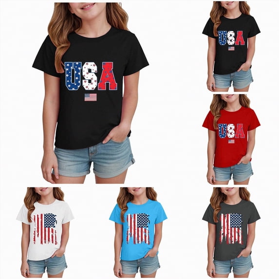 larppty Girls USA Shirt American Patriotic Shirts Round Neck Casual Loose Tops (White, 11-12 Years)