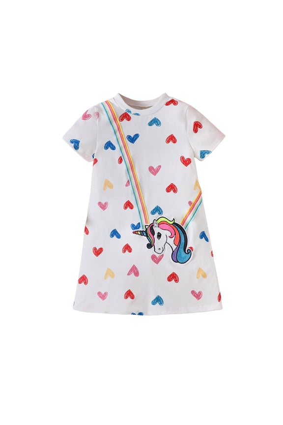 Girls Unicorn Dress with Rainbow & Heart Print – Soft Cotton Short Sleeve Tunic Dress for Kids, Cute Casual Summer Outfit（White， 5 Years）
