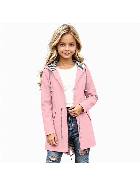 Girls Waterproof Rain Jacket Kids Windproof Windbreaker Zip Up Button Down Hooded Raincoat Trendy Pocket Jacket (Z02-Pink,11-12 Years)