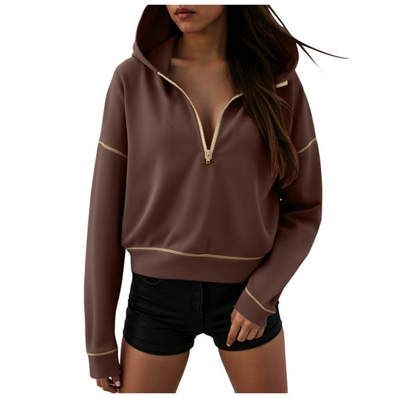 larppty Half Zip Pullover Hoodies for Women Y2k Sweatshirts Jackets Fall Fashion 2025 Outfits Clothing (Coffee, XXL)
