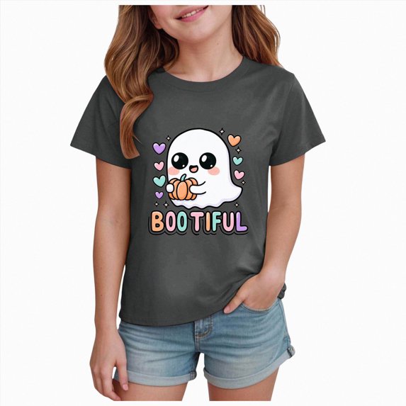 larppty Halloween Ghouls Ghost Retro Girl Kids T-Shirt Graphic Tshirt Little Kids Fall Short Sleeve Tee Tops (Black,9-10 Years)