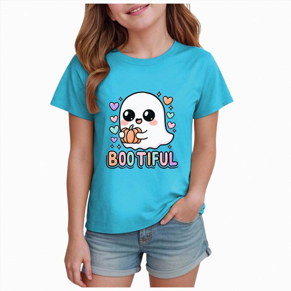 larppty Halloween Ghouls Ghost Retro Girl Kids T-Shirt Graphic Tshirt Little Kids Fall Short Sleeve Tee Tops (Sky Blue,11-12 Years)
