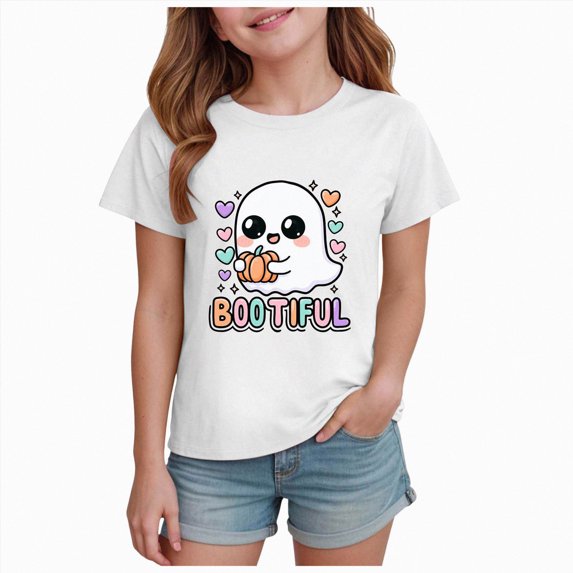 larppty Halloween Ghouls Ghost Retro Girl Kids T-Shirt Graphic Tshirt Little Kids Fall Short Sleeve Tee Tops (White,7-8 Years)