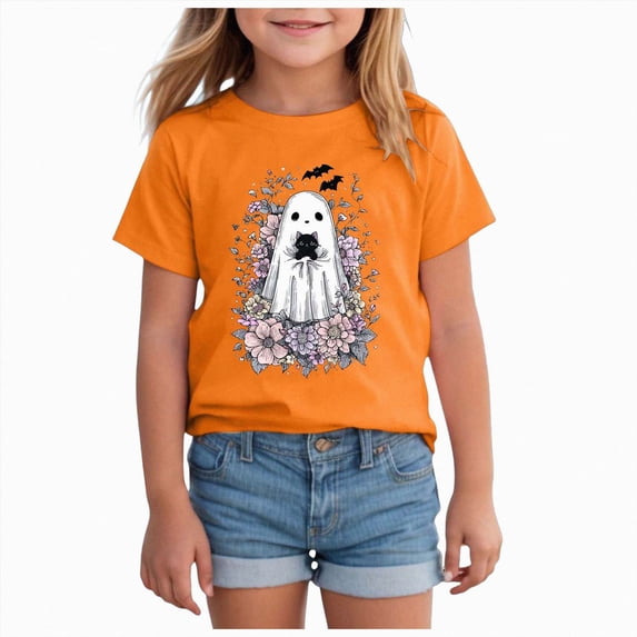 larppty Halloween Shirt for Girls Floral Ghost T-Shirt Girl Pumpkin Tops Spooky Season Outfit Short Sleeve Tees Fall Clothes (Orange,5-6 Years)