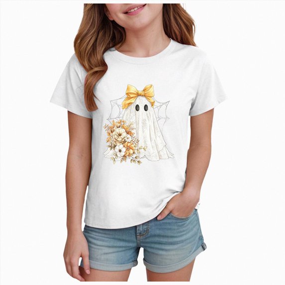 larppty Halloween Shirts for Kids Boy Girl Funny Ghost Graphic Shirt Magical Top | Spooky Seaon Tops, Fall Pumpkin Tee, Boo Print T-Shirt, Casual Short Sleeve Outfits Gifts (White,7-8 Years)