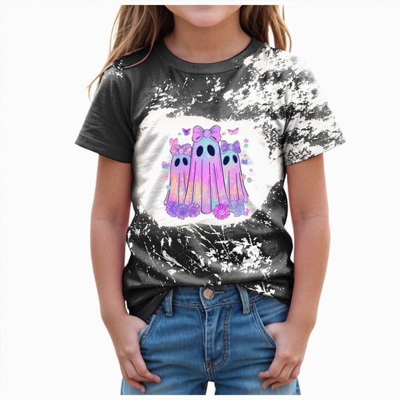 larppty Halloween Shirts for Girl: Cute Ghost Shirt Halloween Shirt Kids Spooky Season Short Sleeve Tee Tops (Black,9-10 Years)