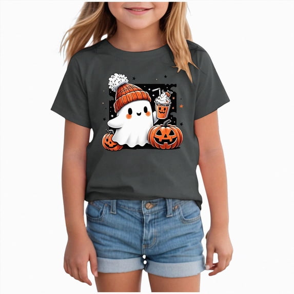 larppty Halloween Shirts for Girls and Boys, Fall T-Shirts with Ghost, Witch, Pumpkin, and Dinosaur Prints (Grey,6-7 Years)