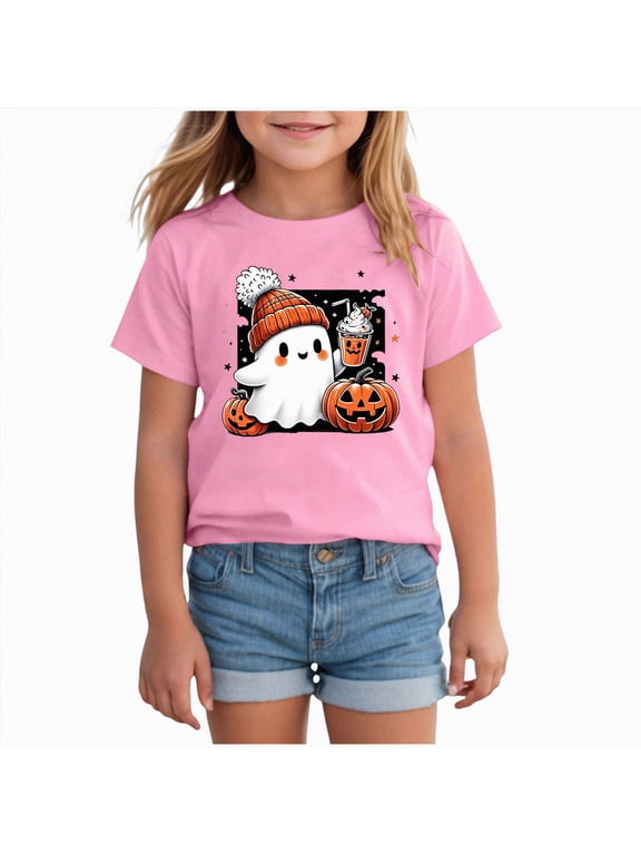 larppty Halloween Shirts for Girls and Boys, Fall T-Shirts with Ghost, Witch, Pumpkin, and Dinosaur Prints (Pink,10-11 Years)