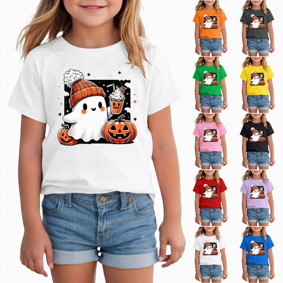 larppty Halloween Shirts for Girls and Boys, Fall T-Shirts with Ghost, Witch, Pumpkin, and Dinosaur Prints (White,6-7 Years)