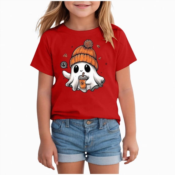 larppty Halloween Shirts for Kids Toddler Pumpkin Face Ghost Skeleton Cotton Tshirt Clothes (Red,12-18 Months)