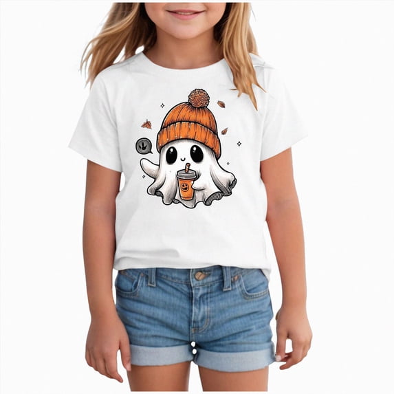 larppty Halloween Shirts for Kids Toddler Pumpkin Face Ghost Skeleton Cotton Tshirt Clothes (White,12-18 Months)