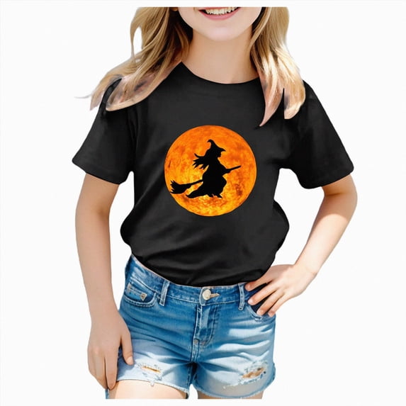 larppty Halloween Shirts for Kids Witch On Broom With Full Moon Funny Design for Halloween T-Shirt (Black,10-11 Years)