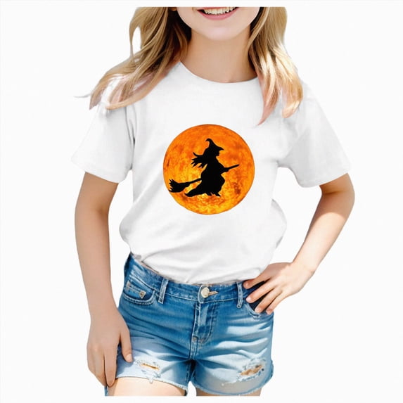 larppty Halloween Shirts for Kids Witch On Broom With Full Moon Funny Design for Halloween T-Shirt (White,6-7 Years)