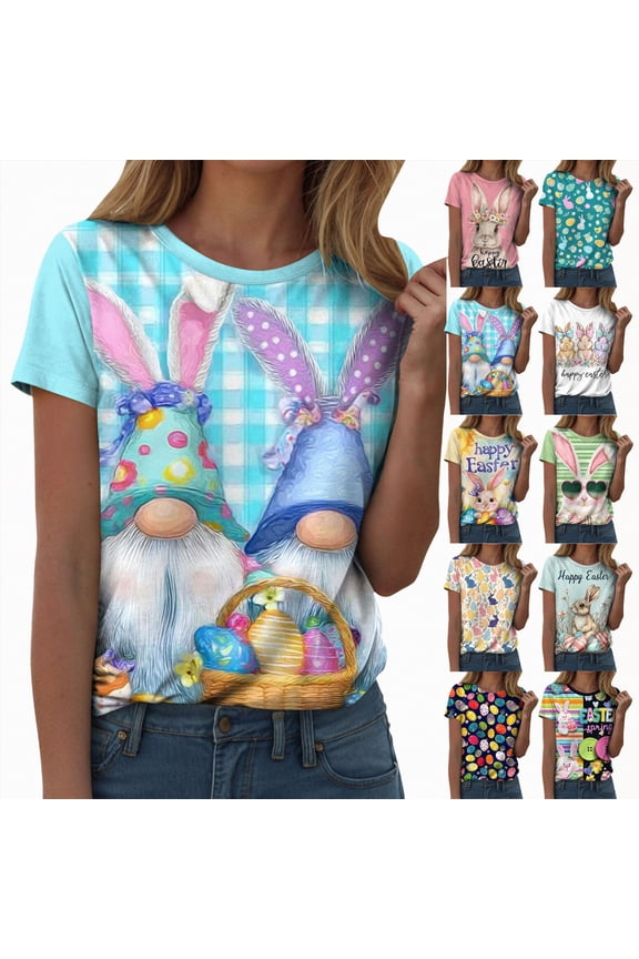 Happy Easter Shirt for Women:Funny Easter Bunny Gnome Graphic T-Shirt (Pink, XL)