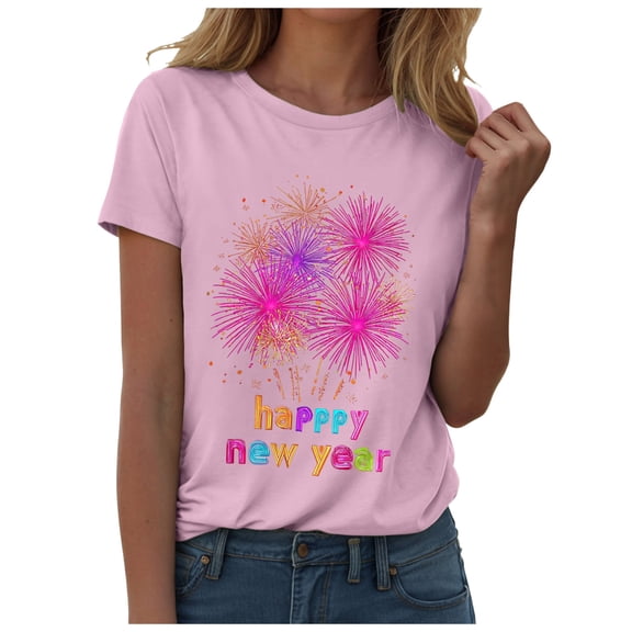 larppty Happy New Year Day Eve Party Fireworks Costume Fun Short Sleeve T-Shirt for Women (Pink, XXL)