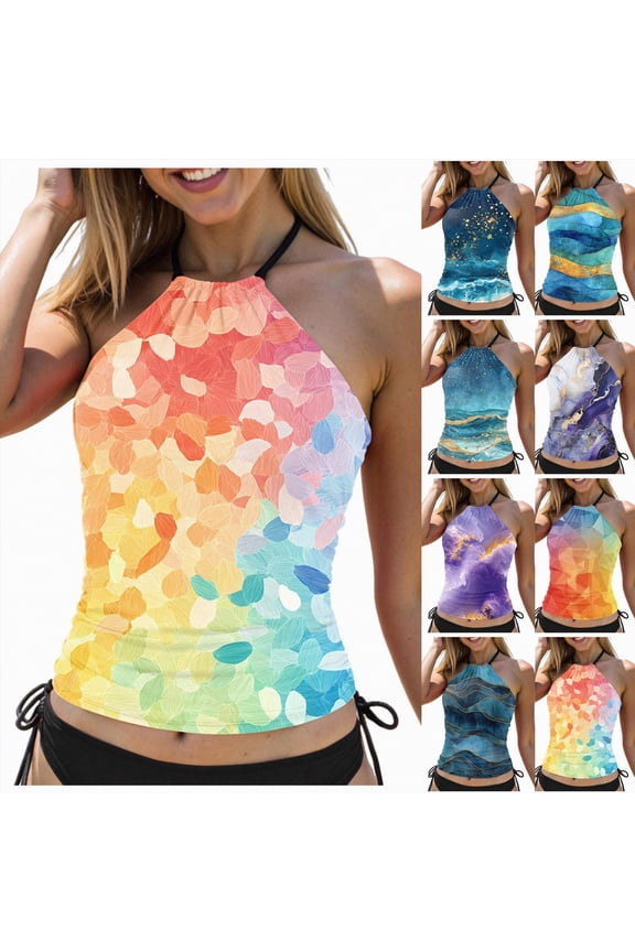 High Neck Tankini Top Bathing Suit Tops for Women Tummy Control Tank Tops Swimsuits (Navy, M)