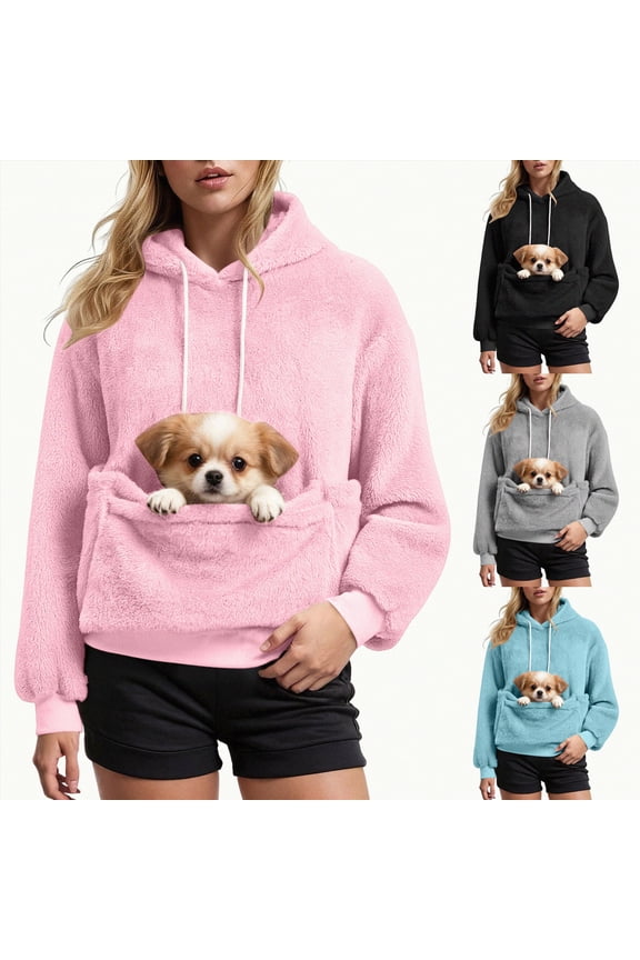 Hoodie with Dog Pouch, Kangaroo Pouch Hoodies for Women, Soft Warm Pet Carrier Hoodie with Pet Pocket for Carrying Puppy Kitten (Black, M)