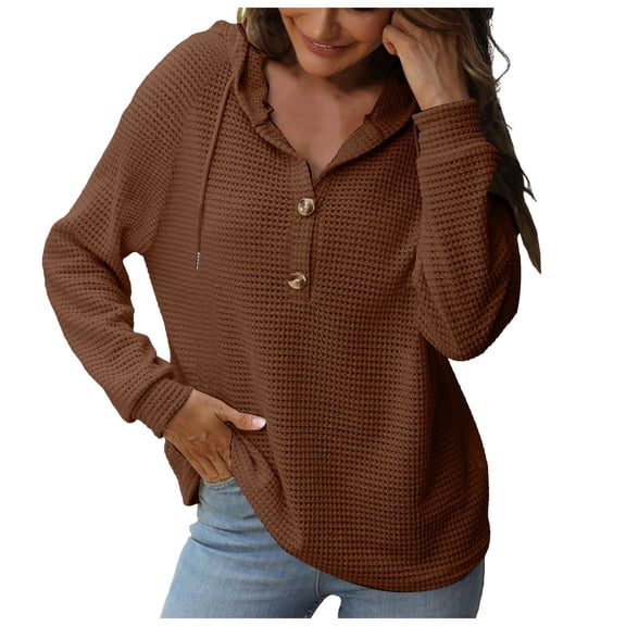 larppty Hoodies for Women Waffle Knit Long Sleeve Drawstring Button V Neck Casual Pullover Sweatshirt Hooded Tops (Coffee, XS)