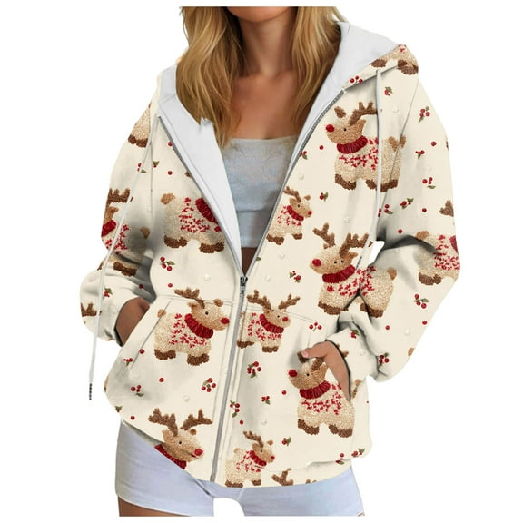 larppty Hoodies for Women Zip Up Christmas Sweatshirts Oversized Jackets Long Sleeve Cardigan Sweater Shirts 2025 Fashion Holiday Clothes (Beige, L)