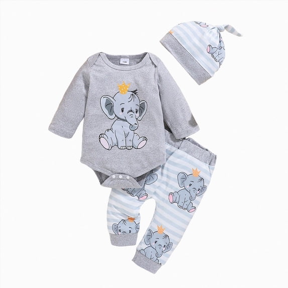larppty Infant Baby Boy Clothes Elephant Style Long Sleeve Romper + Pants + Hat 3PCS Outfits Set