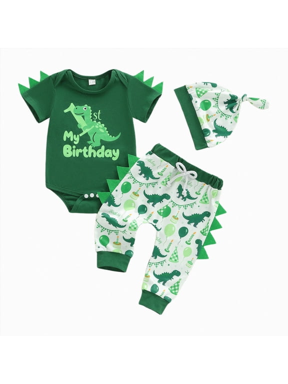 Infant Baby Boy First Birthday Outfit Dinosaur Short Sleeve Romper Long Pants Hat One Year Old Boys Clothes