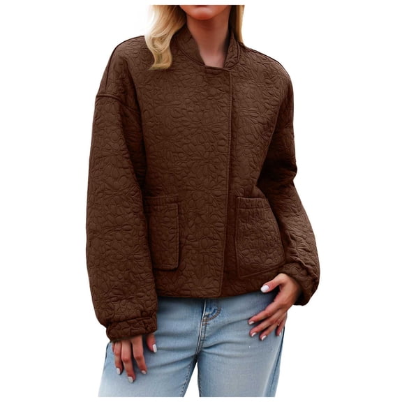 larppty Jackets for Women Casual Long Sleeve Collared Jacquard Coats Trendy Button Down Shacket Jacket with Pockets (Brown, XL)