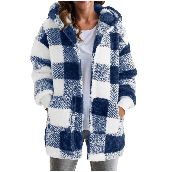 larppty Jackets for Women Fuzzy Fleece Fall Winter Coat Sherpa Open Front Cardigan Outerwear with Pockets (Blue, S)