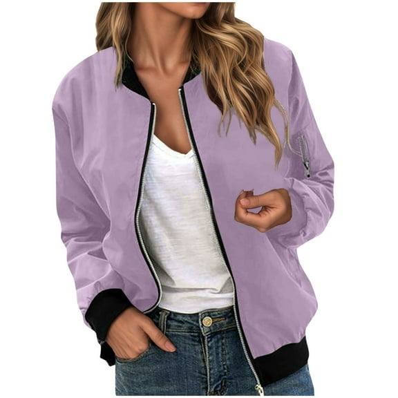 larppty Jackets for Women Lightweight Zip Up Bomber Jacket with Pockets Windproof Outwear Fashion Fall Coat 2025 (Light Purple, L)