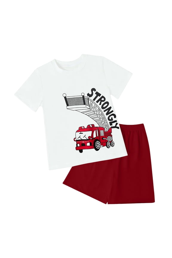 Kid Boys Outfits Clothes Boy Coconut Tree Print Tee Drawstring Waist Summer Shorts Set (Red, 11-12 Years)