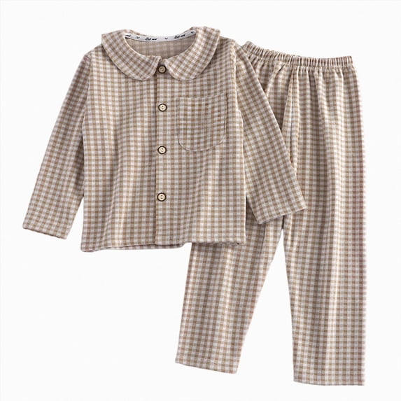 larppty Kids Baby Girls Boys Plaid Pajamas Set Long Sleeve Button Down Shirts Tops and Pants Gingham Pj Lounge Sets(11-12 Years,Coffee)