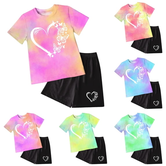 larppty Kids Girl Clothes Tie Dye Heart Print Short Sleeve Top and Shorts Toddler Girl Summer Outfits Short Set(Purple, 6-7 Years)