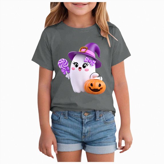 larppty Kids Halloween Shirt Boys Girls Pumpkin Graphic T Shirt Spooky Season T-Shirt Halloween Ghost Short Sleeve Tops (Grey,2-3 Years)