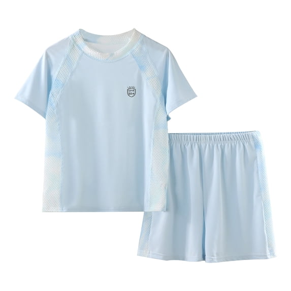 larppty Kids Summer 2-Piece Pajama Set, Ice Silk Feel Mesh Short Sleeve T-Shirt & Shorts, Breathable Quick-Dry Sleepwear(Light Blue, 17-18 Years)