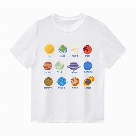 larppty Kids Toddler Boys Girls Solar System Planets Science Space Shirt Short Sleeve Astronaut T-Shirt(13-14 Years,White)