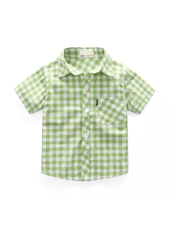 Kids Unisex Gingham Short Sleeve Button Down Shirts, Soft Cotton Blend Plaid Casual Tops for Boys Girls(Light Green, 12-13 Years)