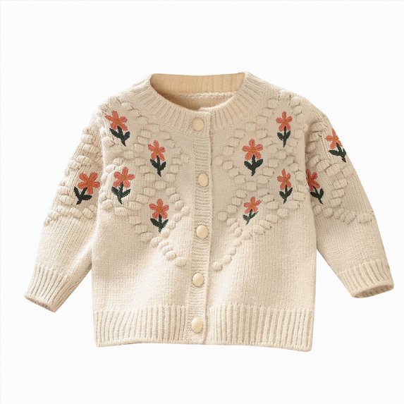 larppty Little Girls Cardigan Sweater Buttons Long Sleeve Toddler Knitted Jacket (Beige,5-6 Years)