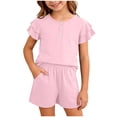 thumbnail image 1 of larppty Little Girls Solid Black 2 Piece Pajama Set, Ruffle Sleeve Button Top & Pocket Shorts, Soft Cotton Toddler Loungewear（Pink, 7-8 Years）, 1 of 4