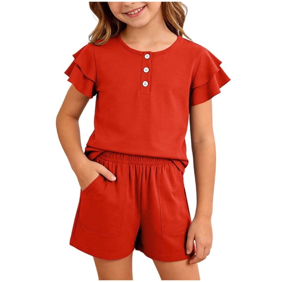 larppty Little Girls Solid Black 2 Piece Pajama Set, Ruffle Sleeve Button Top & Pocket Shorts, Soft Cotton Toddler Loungewear(Red, 5-6 Years)