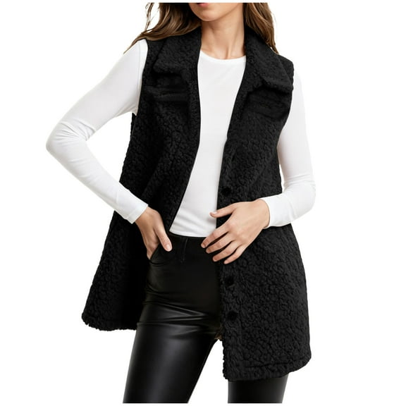 larppty Long Fleece Vest Women Sleeveless Sherpa Jacket Winter Cloting for Women Warm Button Down Coat Outerwear (Black, XL)