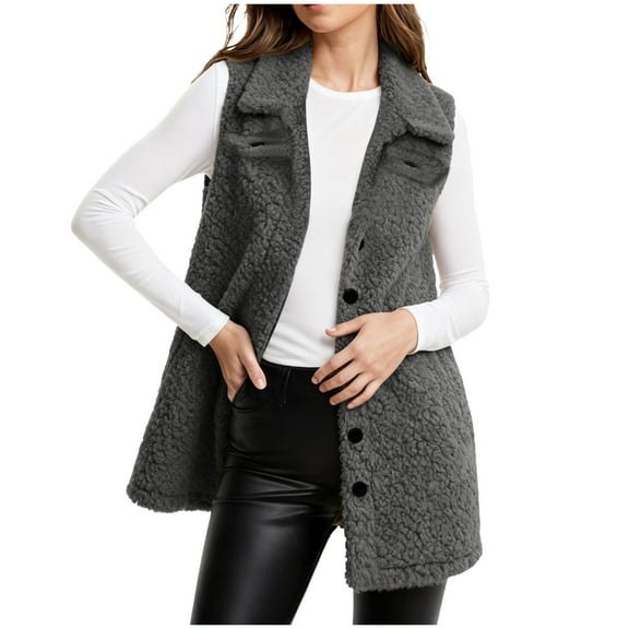 larppty Long Fleece Vest Women Sleeveless Sherpa Jacket Winter Cloting for Women Warm Button Down Coat Outerwear (Grey, XXL)