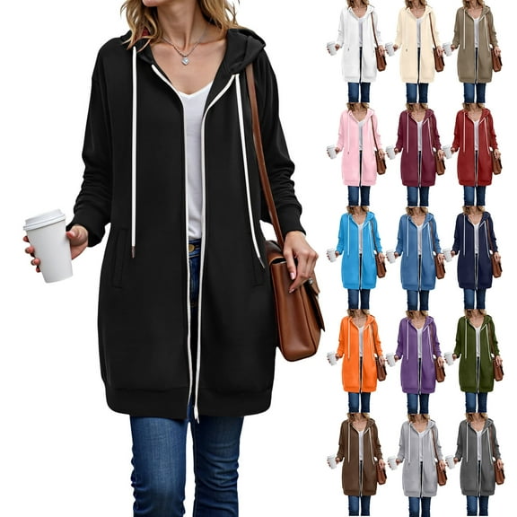 larppty Long Hoodies for Women Zip Up Double Zipper Fleece Jacket Tunic Sweatshirts Fall Winter Fashion Clothes Sky Blue, M