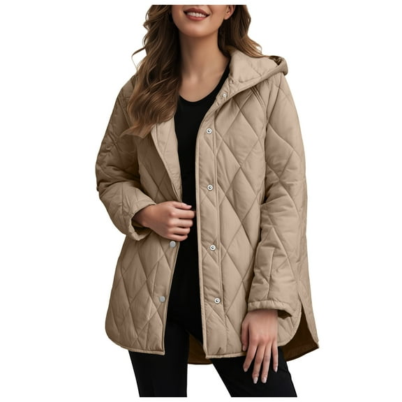 larppty Long Jackets for Women Fashion 2025 Winter Coat for Women Business Casual Diamond Quilted Hooded Lightweight Jackets (Khaki, L)