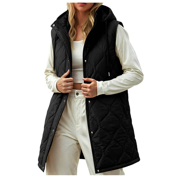 larppty Long Puffer Vest Women Sleeveless Hooded Puffer Jacket Lightweight Quilted Jackets Winter Warm Zip Up Coat Outerwear (Black, L)