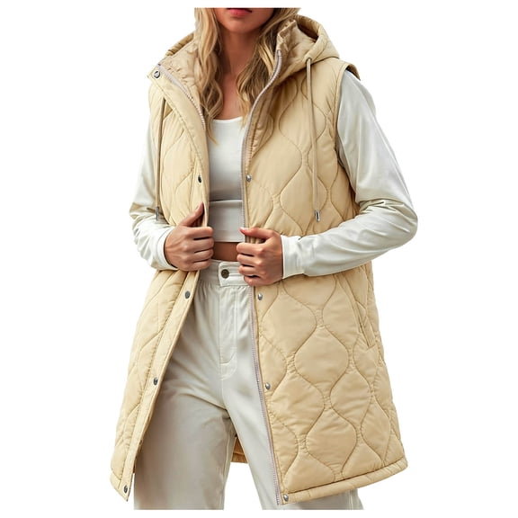larppty Long Puffer Vest Women Sleeveless Hooded Puffer Jacket Lightweight Quilted Jackets Winter Warm Zip Up Coat Outerwear (Khaki, XXL)