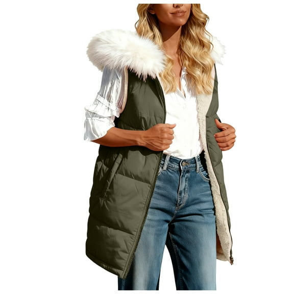 larppty Long Puffer Vest for Women Reversible Fleece Sherpa Jacket Sleeveless Hooded Zip Up Fur Trim Winter Coat Fall Vests Outerwear (AG, M)