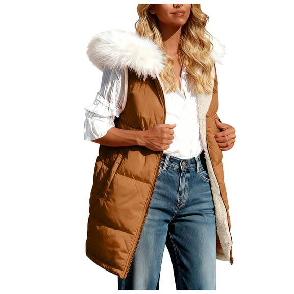 larppty Long Puffer Vest for Women Reversible Fleece Sherpa Jacket Sleeveless Hooded Zip Up Fur Trim Winter Coat Fall Vests Outerwear (Gold, XL)